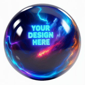 Customizable bowling ball mockup showing holographic “Your Design Here” text on a glossy surface — design can be fully personalized.