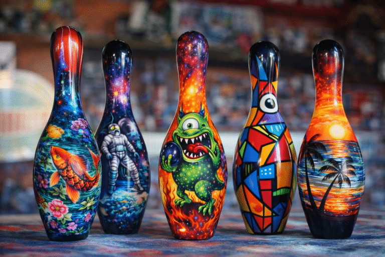Custom bowling pins with artistic designs displayed in a bowling pro shop, showcasing personalized bowling pin surface printing
