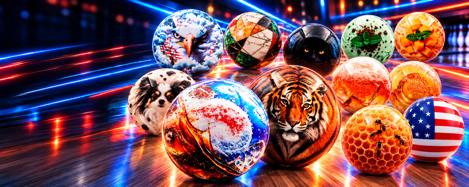 Premade bowling balls with animal, drink, dessert and USA flag designs on a neon-lit bowling lane.